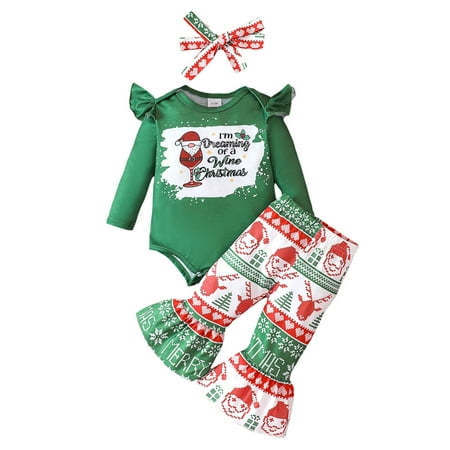 

ZMHEGW Toddler Outfits Girls Winter Christmas Long Sleeve Letter Prints Romper Bodysuit Pants Headbands 3Pcs Clothes Set