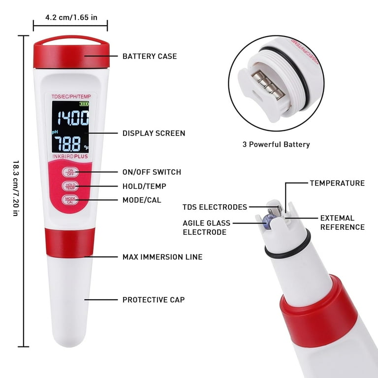 Digitale pH-meter, PPM-tester voor water, pH-tester 4-in-1 met kleurenscherm, teststift voor de waterkwaliteit pH, EC, TDS en temp, geschikt voor hydroculturen, zwembaden, drinkwater, gisting