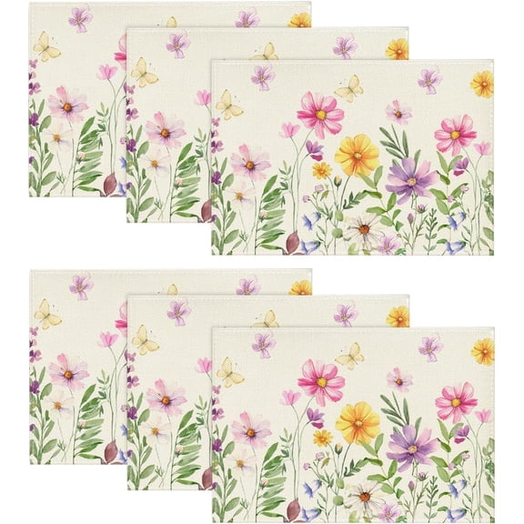 Floral Butterfly Spring Placemats Set of 6, 12x18 Inch Seasonal Summer Placemats for Party Kitchen Dining Decoration