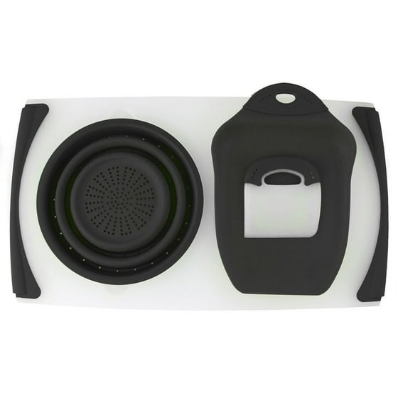 Dexas Over The Sink Counter Board Includes Popular Collapsible Strainer Chop Scoop And Ser