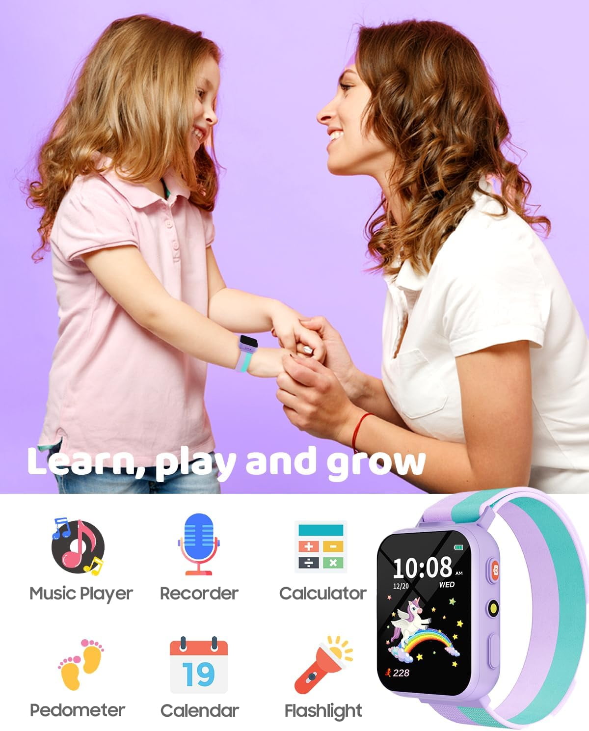 BIGGERFIVE Smart Watch for Kids with Dual Cameras, Two Straps, 30 Puzzle Games, Video & Music Player, Audiobooks, Flashlight, Pedometer, Educational Toys Birthday Gifts for Boys Girls Ages 4-10 Lilac