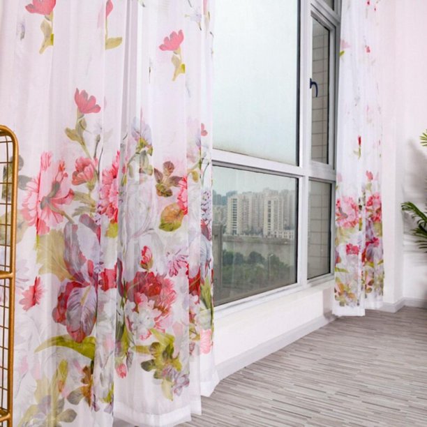 Rod Pocket, Living Room Thin Curtain Floral Printed Sheer Window