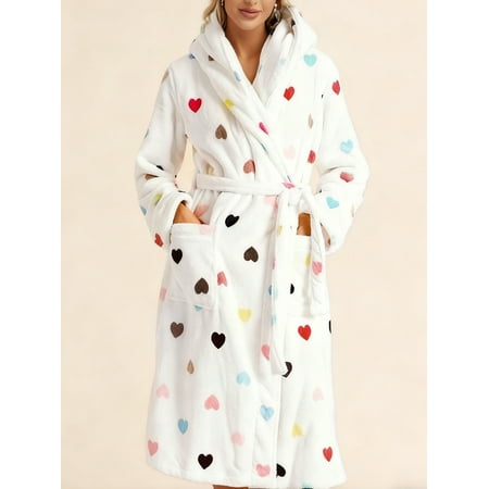 UVN Valentine's Day Long Robes for Women Winter Plush Fleece Hooded Bathrobe Soft Cozy Fluffy Sleepwear Nightgown with Pockets