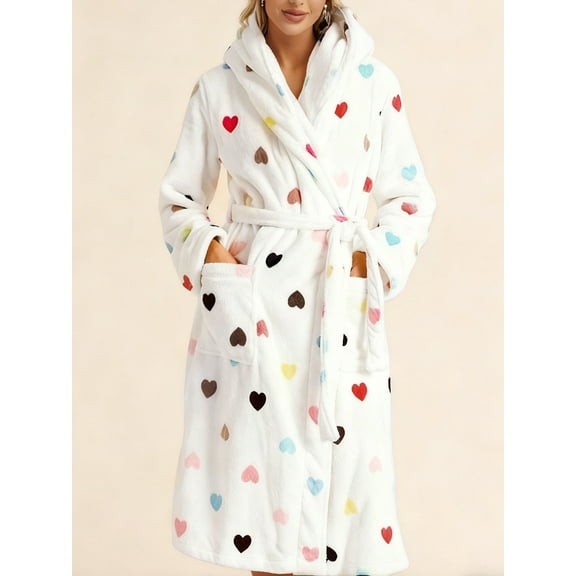 UVN Valentine's Day Long Robes for Women Winter Plush Fleece Hooded Bathrobe Soft Cozy Fluffy Sleepwear Nightgown with Pockets