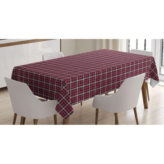 Checkered Tablecloth, Symmetrical Lines Squares Geometric Old Tartan Inspired Design Print, Rectangle Satin Table Cover Accent for Dining Room and Kitchen, 60" X 90", White Black Pink, by Ambesonne