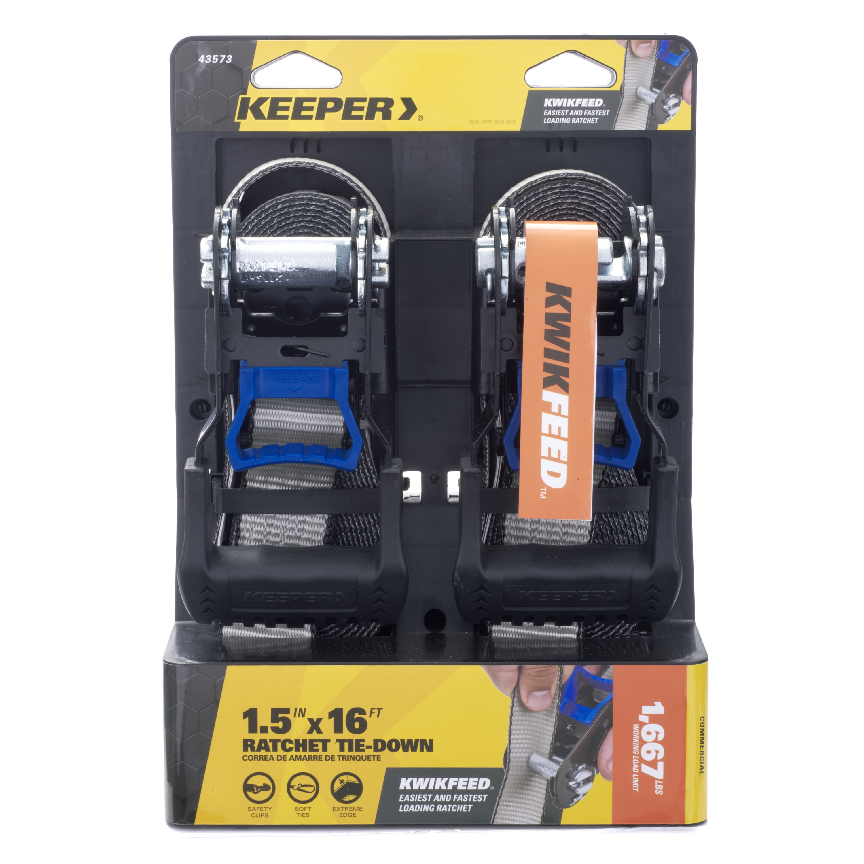 Keeper KwikFeed 1.5" x 16" Ratchet Tie Down Strap with JJ-Hooks, 2-pack