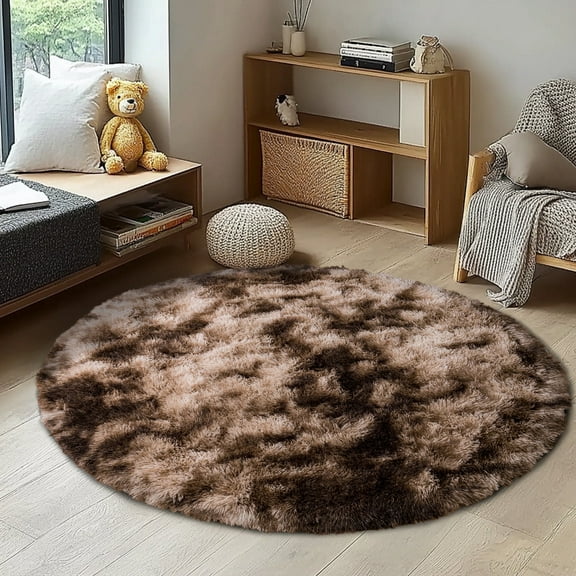 ZENELESS Fluffy Soft Round Rugs for Teen's Room,4x4ft Non-Slip Tie-dye Brown Circular Carpet for Nursery Room,Reading Nook,Home Decor,Girls Boys Room
