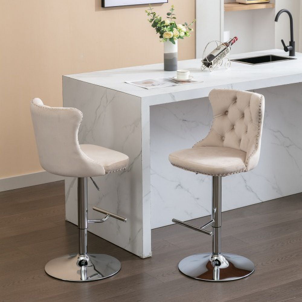 BSHTI Swivel Velvet Barstools Adjusatble Seat Height from 25-33 Inch, Modern Upholstered Chrome base Bar Stools with Backs Comfortable Tufted,Beige,Set of 2