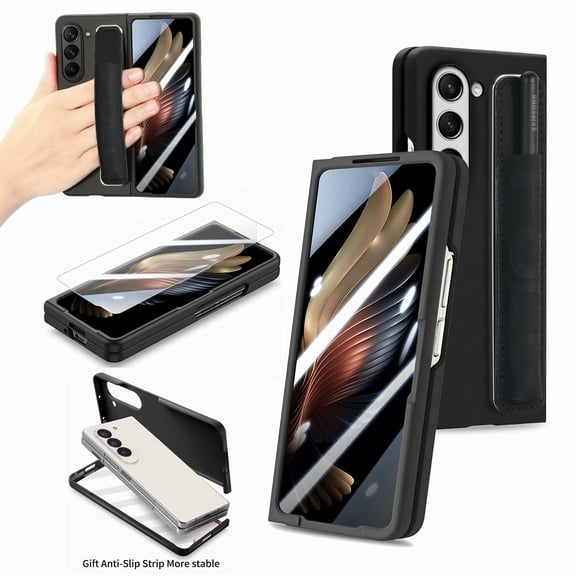 Compatible with Samsung Galaxy Z Fold 5 Case with S Pen Holder & PU Leather Wristband, Full Body Protective Hard PC Lightweight Slim Case Cover for Samsung Galaxy Z Fold 5 2023, Black
