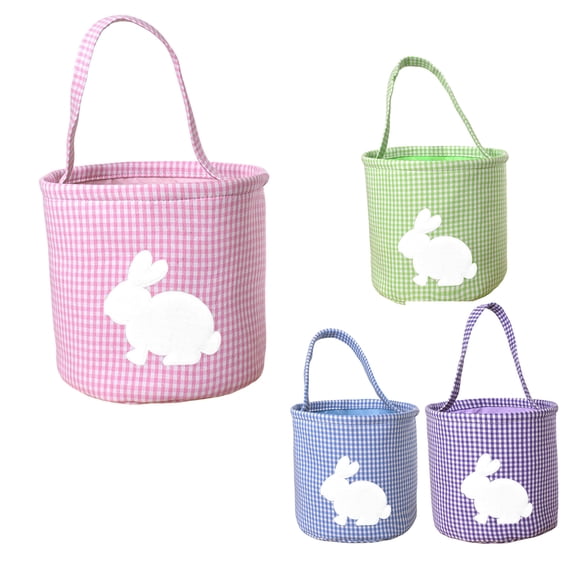 Yhmxh Easter Basket with Bunny Applique, 9 Inches, Personalized Bunny Design, Easter Basket with Gingham Pattern, Foldable Handle, Easter Egg Hunting Bucket Pattern, Foldable Handle