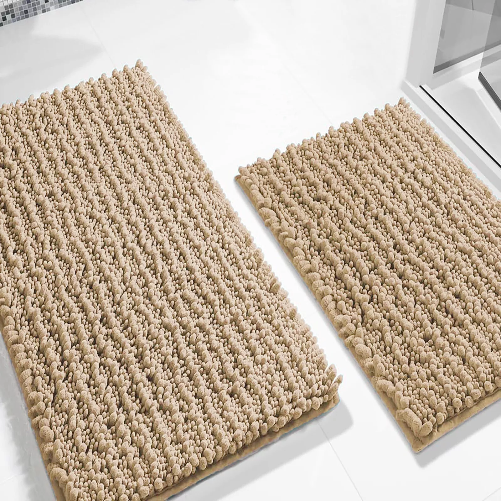 2 Piece Set Beige Soft Cozy Plush Chenille Bath Mat Bathroom Rug