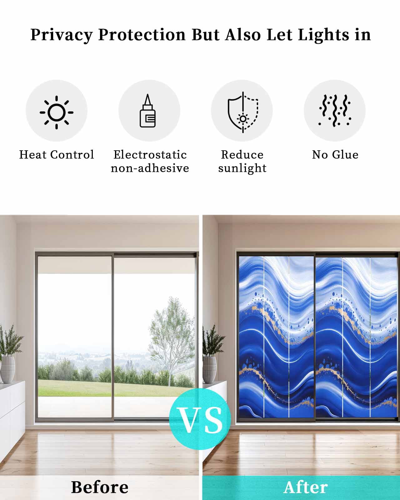 Window Privacy Film Blue Waves Abstract Stained Glass Window Film Decorative Sun Block Window Cover Ocean Fluid Gradient Luxury Window Clings Static Adhesive Sticker for Bathroom 23.6"x59"
