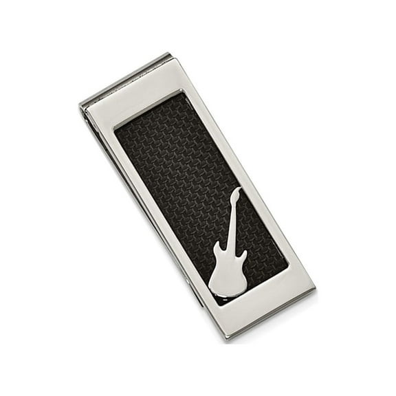 Gem & Harmony Mens Stainless Steel Black Carbon Fiber Money Clip with Guitar for Men
