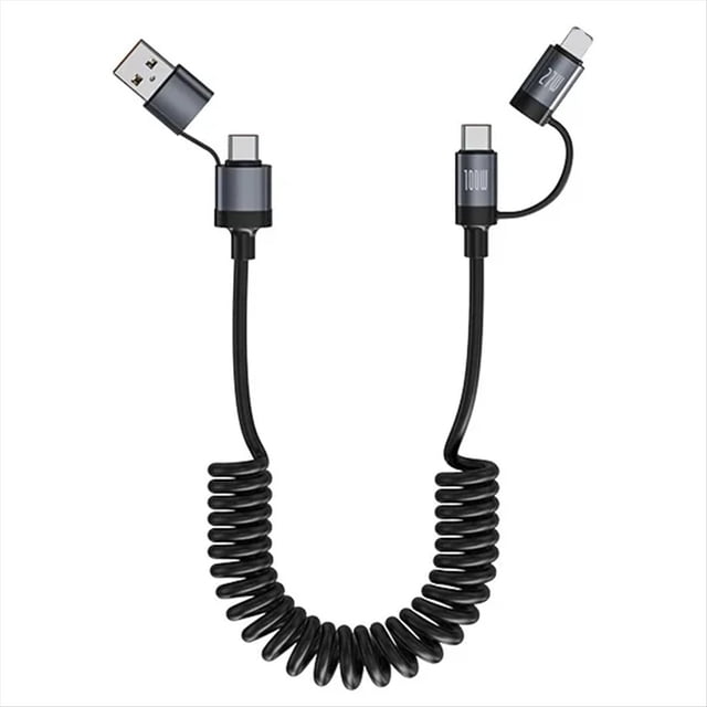 Cable de Datos Retráctil con Resorte para Coche de 100 W, 2 en 2, Compatible con para Tipo-C y para 6A, Cable de Carga Rápida 4 en 1.
