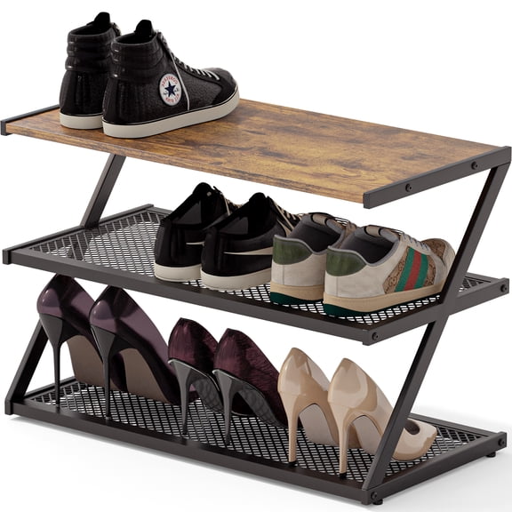 BWOORACKU 3-Tier Z-Frame Shoe Rack, Black & Rustic Brown, Holds up to 9 Pairs of Shoes