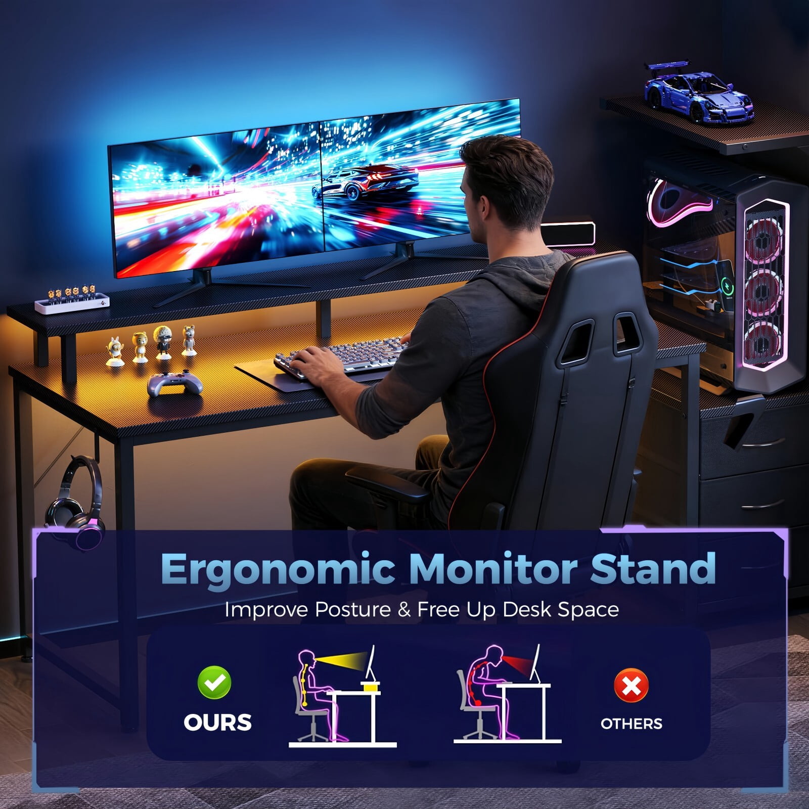 Kelno 59 Inch Computer Gaming Desk with USB Ports LED Lights Home Office Table with Monitor Stand Drawers, Black