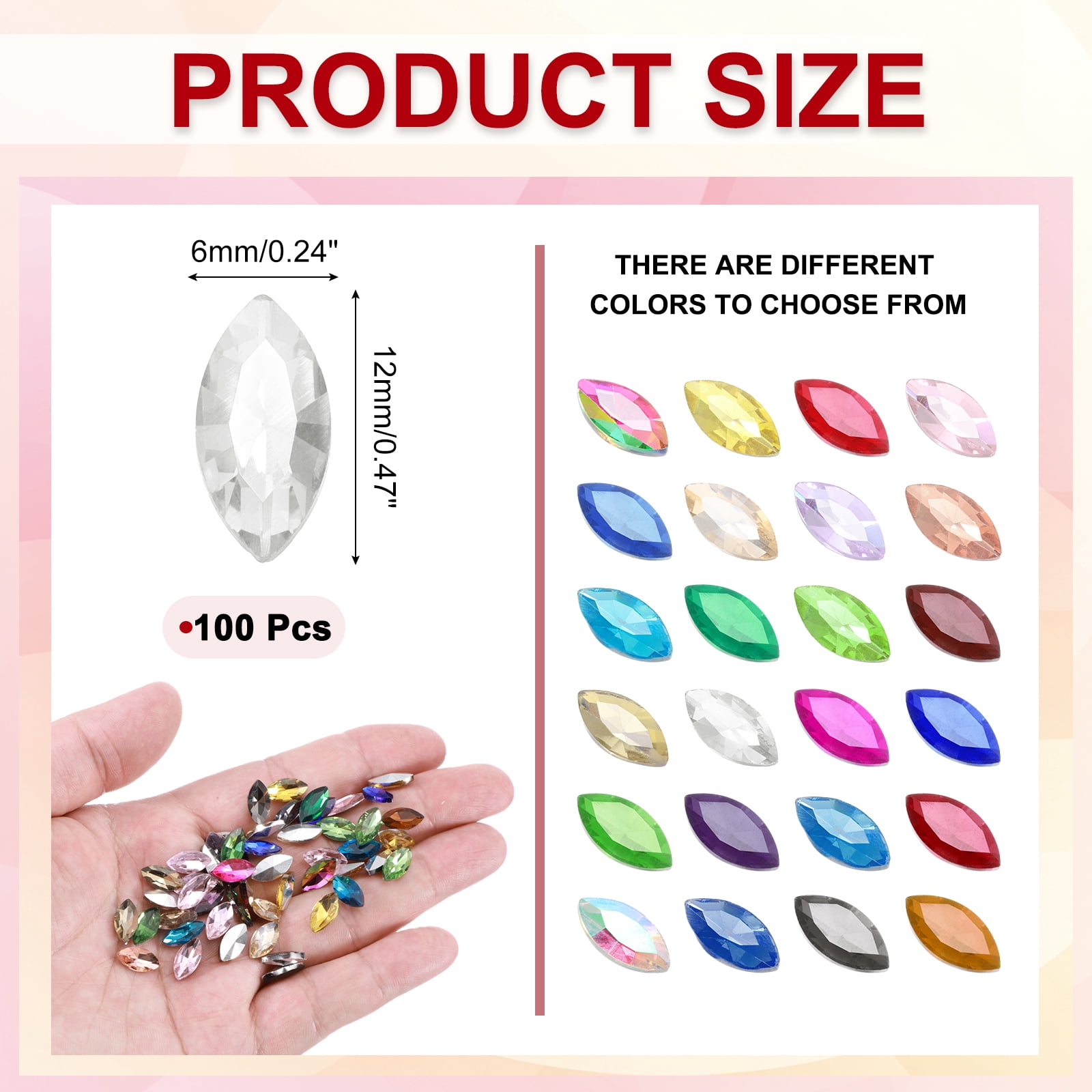 Uxcell 100Pcs Horse Eye Shape Rhinestones Glass Point Back Beads for Jewelry Making, White 6x12mm