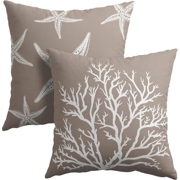 Summer White and Gray Starfish Pillow Covers 20x20 Inch Set of 2 Beach Sea Coral Throw Pillowcase Cotton Linen Square Decorative Nautical Coastal Cushion Cover for Sofa Bedroom Indoor Outdoor Party