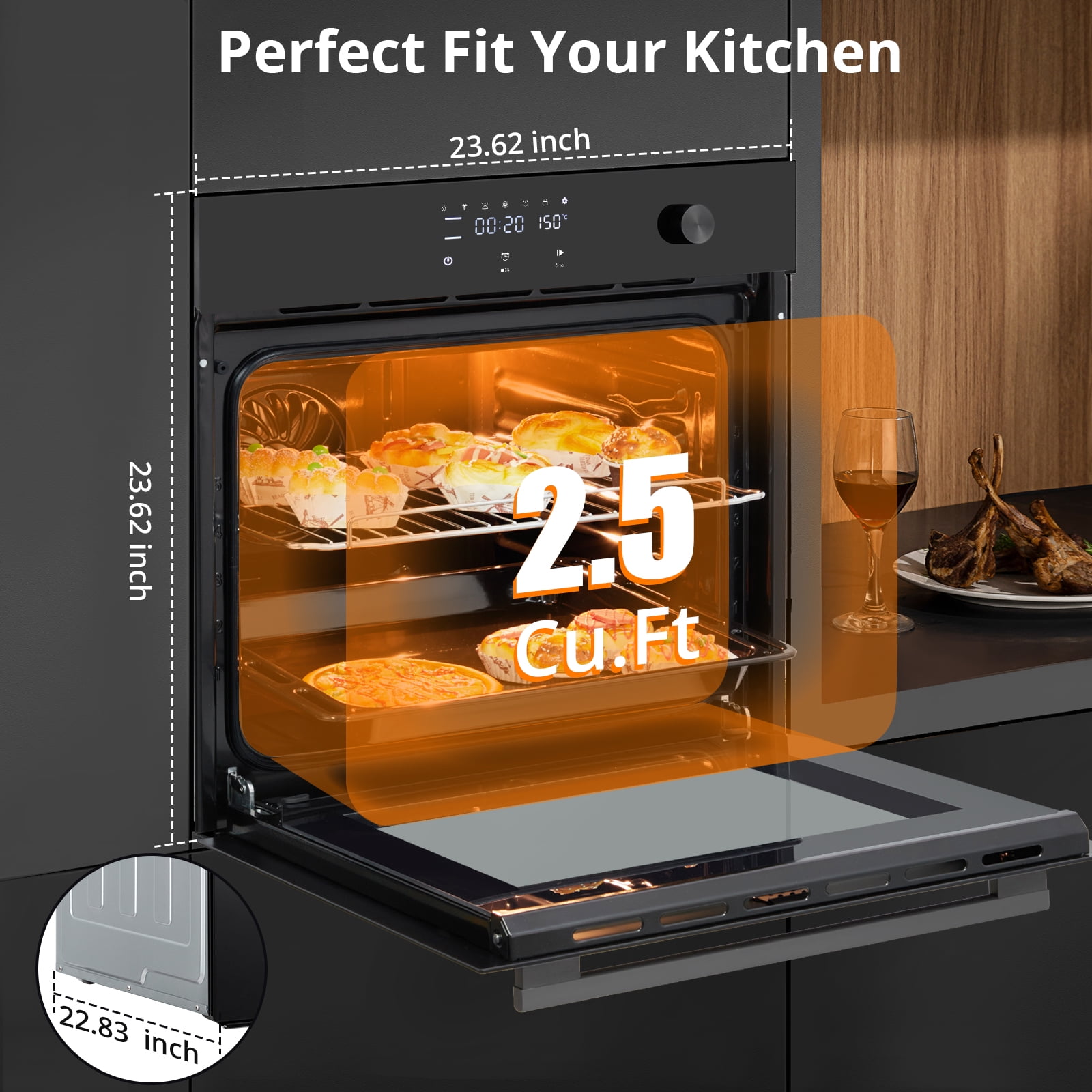 24" Built-In Electric Oven, Stainless Steel Single Wall Oven, 2.5Cu.Ft Convection Oven with Touch Screen and 3-Layer Insulated Glass Door - 240V 3000W Power for Fast Cooking, Black