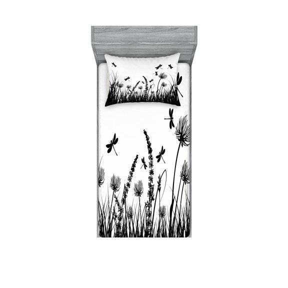 Ambesonne Nature Fitted Sheet & Pillow Sham Set, Grass Bush Meadow Spring, Twinxl, Black White