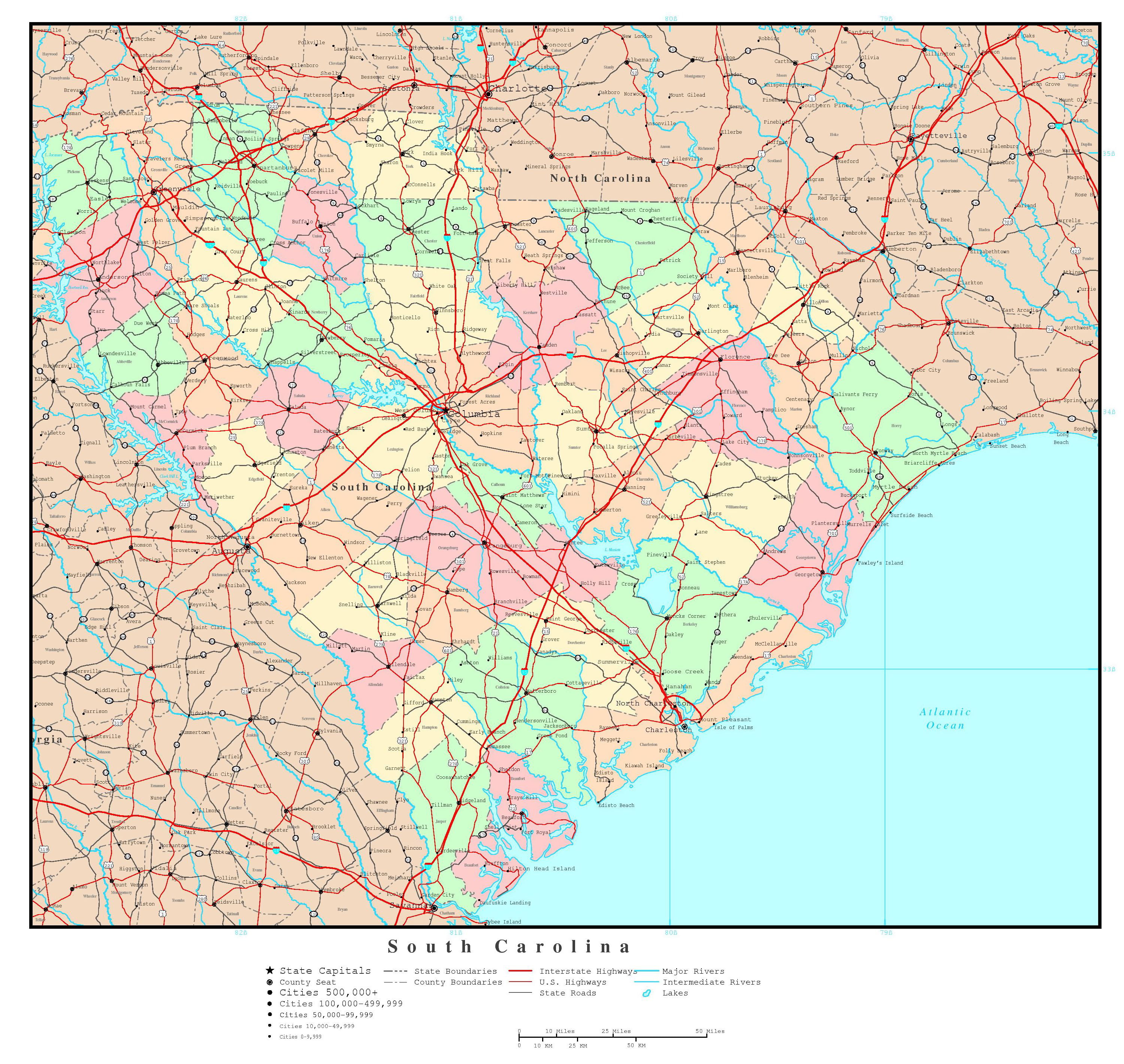 Laminated Map Large Detailed Administrative Map Of South Carolina