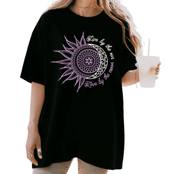 Women's "Live By The Sun Love By The Moon" Boho Sun Moon Mandala Graphic Tee Short Sleeve Round Neck Top Black S-5XL
