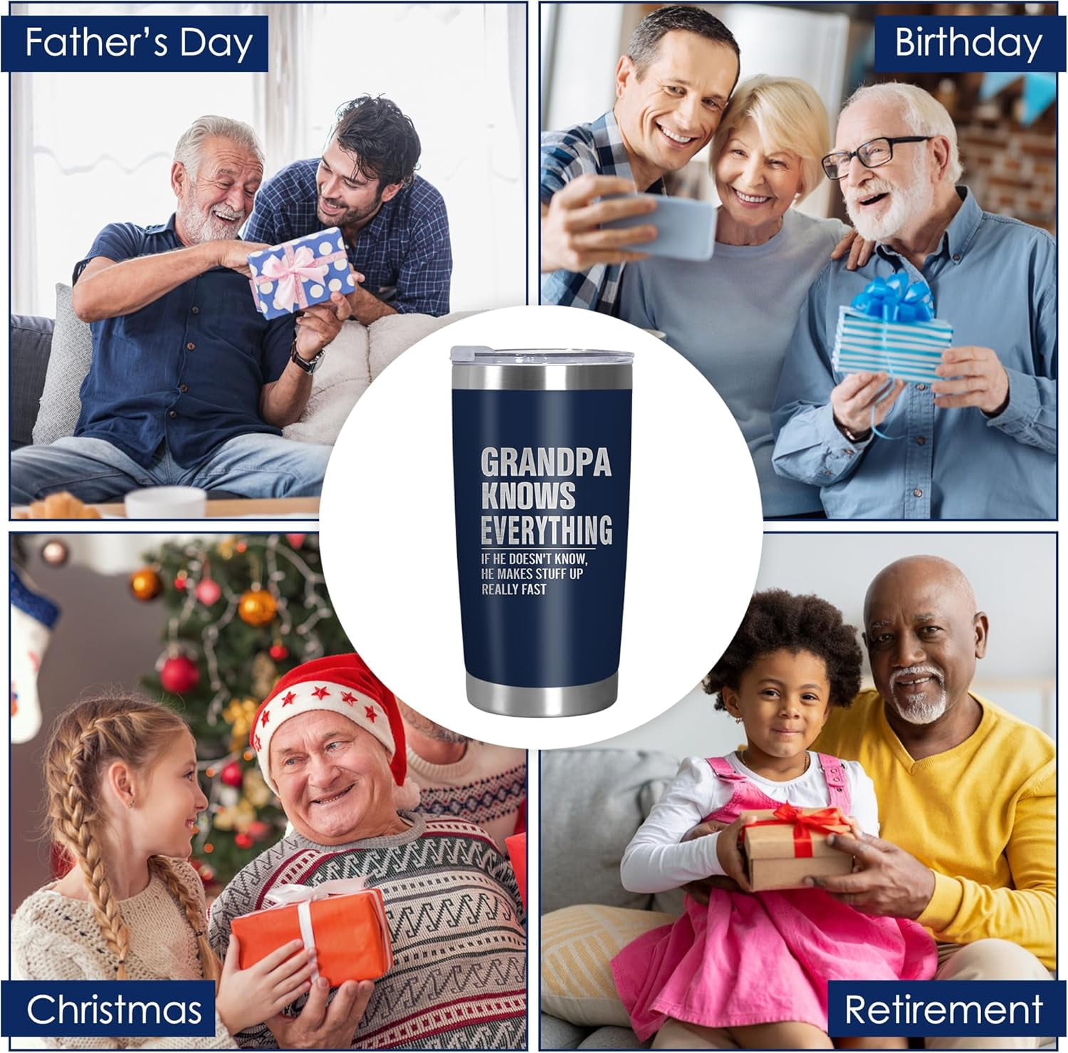 Grandpa Gifts from Grandkids - Stainless Steel Insulated Coffee Tumbler with Lid 20 oz - Father's Day Birthday Gifts for Grandpa Grandfather Papa, Funny Tumbler for Men
