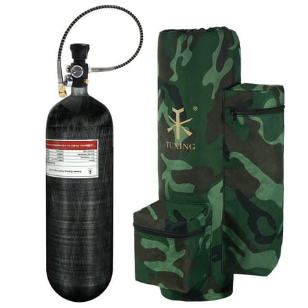 TUXING 4500psi 6.8L/414ci Carbon Fiber Paintball HPA Air Tank with PCP Air System Dual Gauge Valve and Carrier Bag