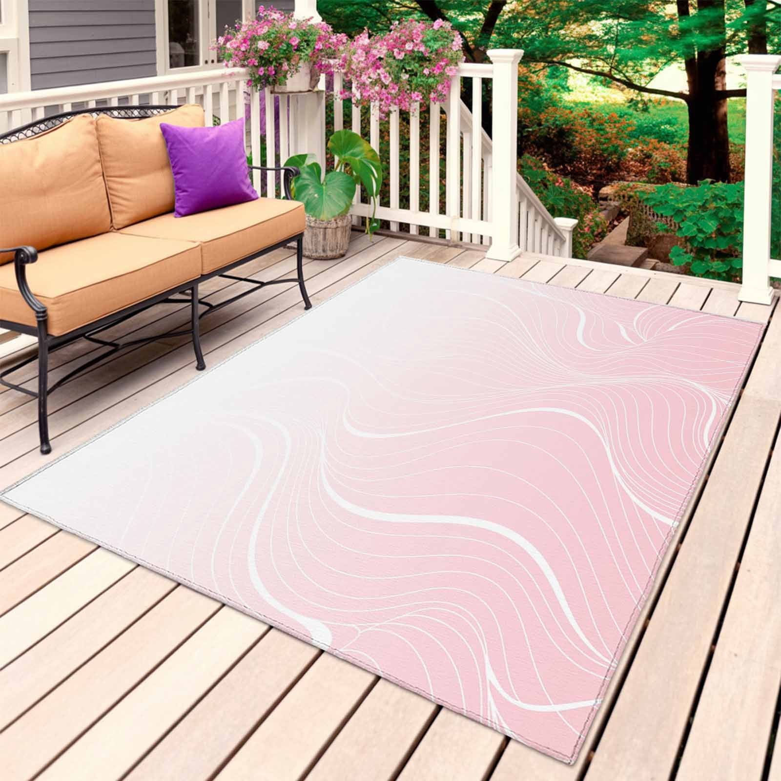 Outdoor Rug 3x5 ft Ombre Pink Stripes Outdoor Large Area Rug Non Slip Rubber Striped Lines Waves Front Door Mat RV Rug Camping Carpet Patio Outdoor Rugs for Backyard Balcony Deck Porch Indoor
