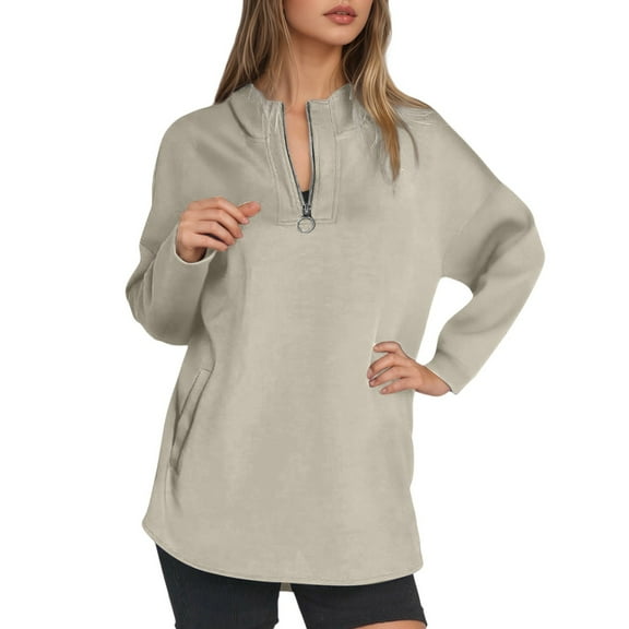 UJNDER Women's Fall Winter Half Zip Hoodies for Women High Neck Pullover Casual Khaki XXL