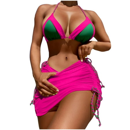 3 Piece Swimsuit for Women Sexy Halter Triangle Bikini Set with Drawstring Beach Coverup Skirt Matching Bathing Suit
