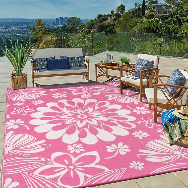 Alfombra de exterior Ilead, 244 x 305 cm, impermeable y reversible, rosa