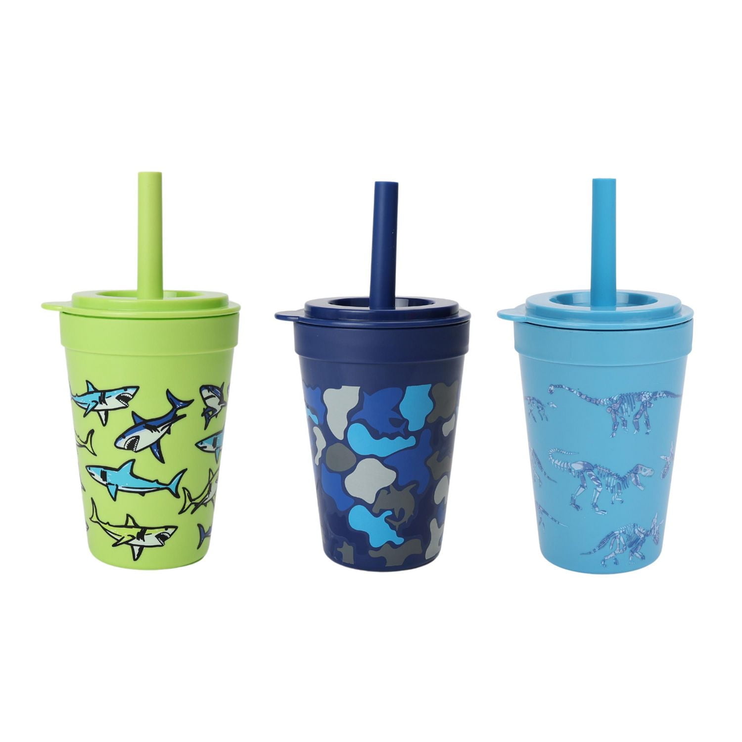 Mainstays Kids 3-Pack Plastic 15-Ounce Tumbler Set with Spillproof Lid and Straw, Blue Multi-Colored