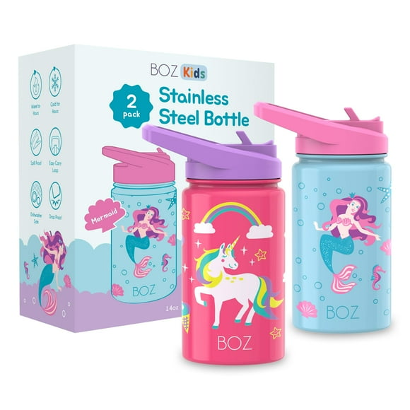 BOZ Bouteille d'Eau Isolée pour Enfants avec Couvercle à Paille - Ensemble de Deux, Unicord / Mermaid, Gobelet d'Eau à Double Paroi sous Vide en Acier Inoxydable, 14 oz (414 ml). Résistant aux Rayures et Poignée de Transport, Va au Lave-Vaisselle