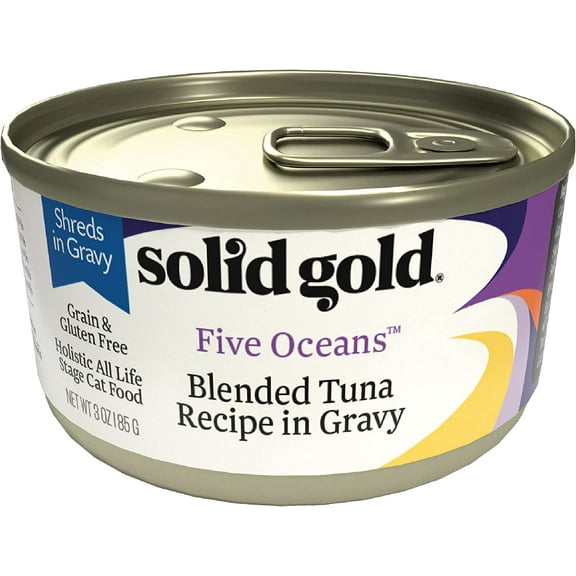 Solid Gold Five Oceans Blended Tuna Gravy, Canned Wet Cat Food, Grain & Gluten Free Shreds with Gravy, 3oz Can