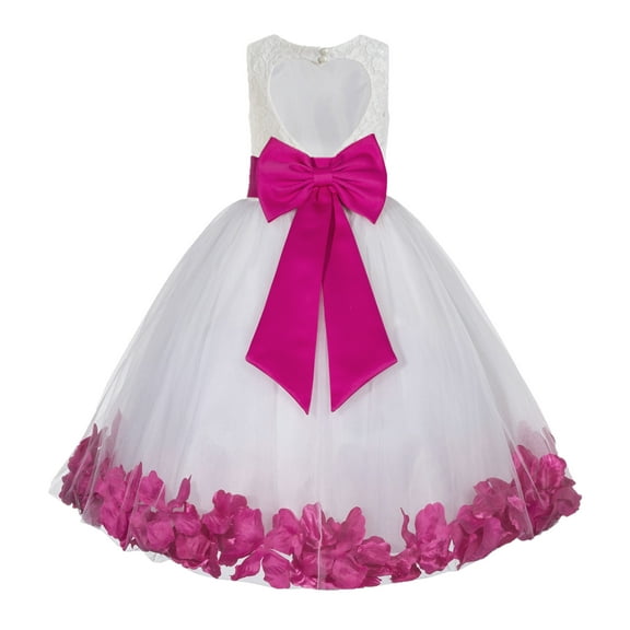 Ekidsbridal White Floral Lace Heart Cutout Flower Girl Dress with Petals Wedding Pageant Recital Communion Baptism Holiday 185T 2