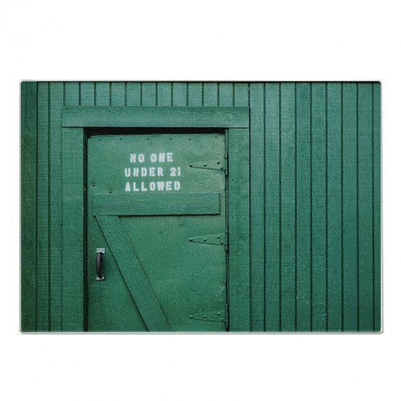 Teal Cutting Board, Monochrome Vintage Wooden Local Irish Pub Rustic Door with Warning Phrase Culture Photo, Decorative Tempered Glass Cutting and Serving Board, Small Size, Teal, by Ambesonne