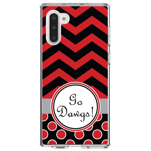 DistinctInk Clear Shockproof Hybrid Case for Samsung Galaxy Note 10 (6.3" Screen) - TPU Bumper, Acrylic Back, Tempered Glass Screen Protector - Red Black Go Dawgs