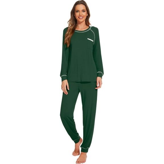 WiWi Bamboo Viscose Womens Pajamas Set Comfy Sleepwear 2 Piece Long SleeveTop with Jogger Pants Lounge Sets S-XXL Deep Green, X-Large