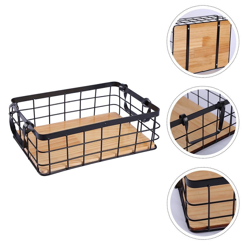 Tineasur 1Pcs Simple Design Storage Basket for Kitchen Black Rectangular Organizing Iron