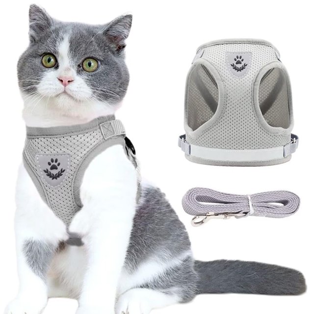 Arnés y correa para perros y gatos Soft Jacket Step in para pasear, arneses de liberación rápida para cachorros, gatos grandes, ajustables y livianos (L, gris)