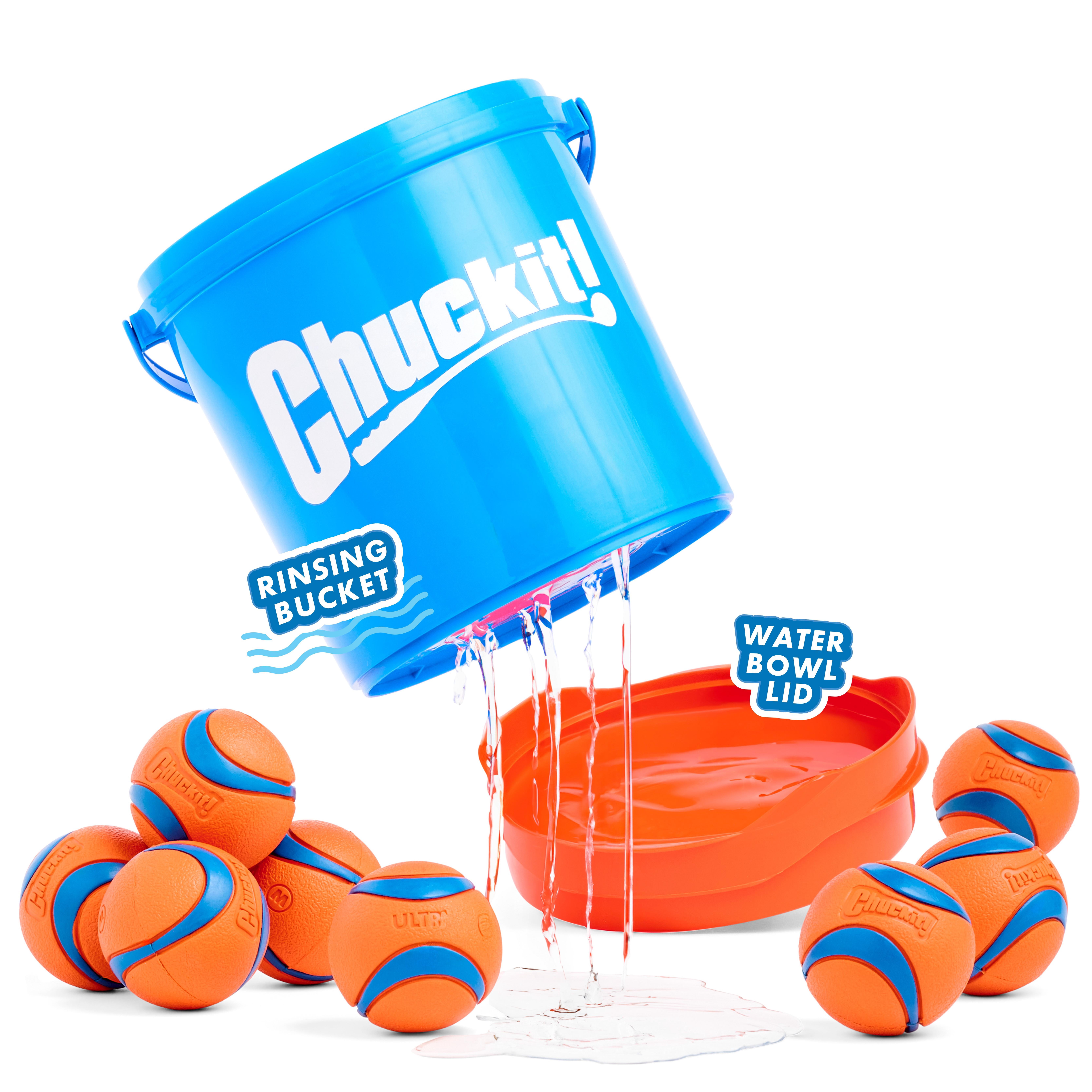 Chuckit! Bucket with Tennis Dog Balls Fetch Toy for Dogs, Comes with 8-Pack Medium 2.5" Tennis Balls for Easy Carry and Clean