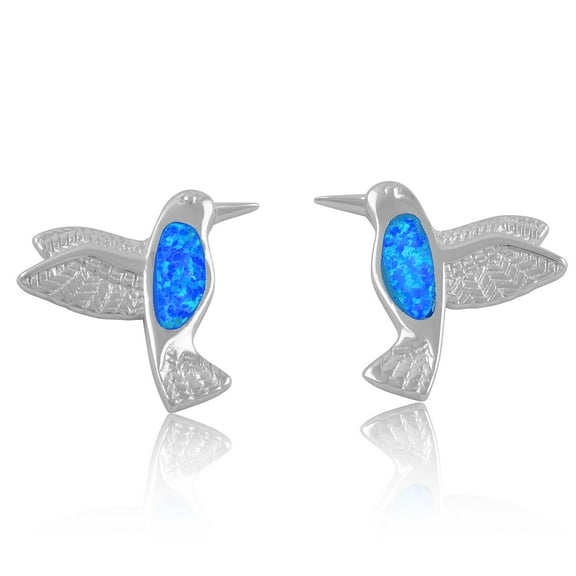 SilverCloseOut Sterling Silver Women Created Blue Opal Hummingbird Stud Earrings for Teens