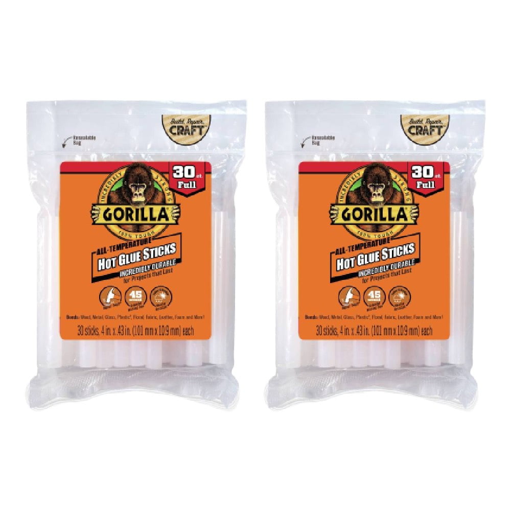 Gorilla Hot Glue Sticks Clear 4 Inch Full Size 30 Count High Low Temperature Guns Gap Filling Stainable Paintable Sandable Moisture Resistant Indoor Outdoor, 2-Pack