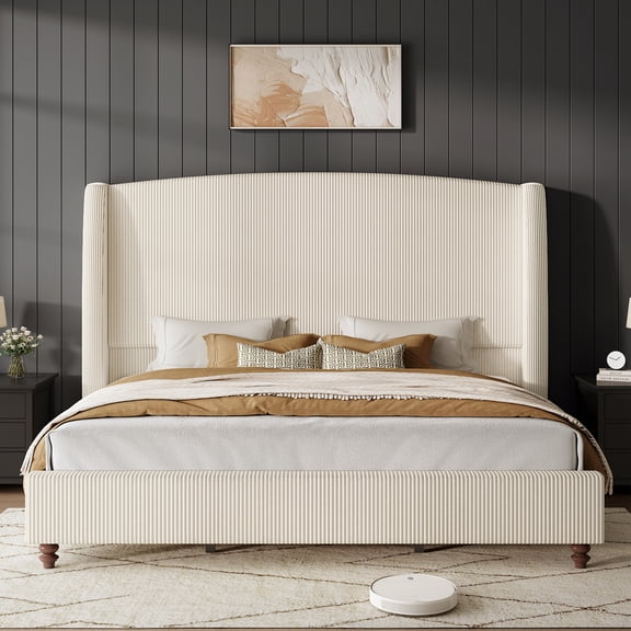 Hombryzy King Size Platform Bed Frame with 65.7" Extra Tall Upholstered Wingback Headboard, Corduroy Cream
