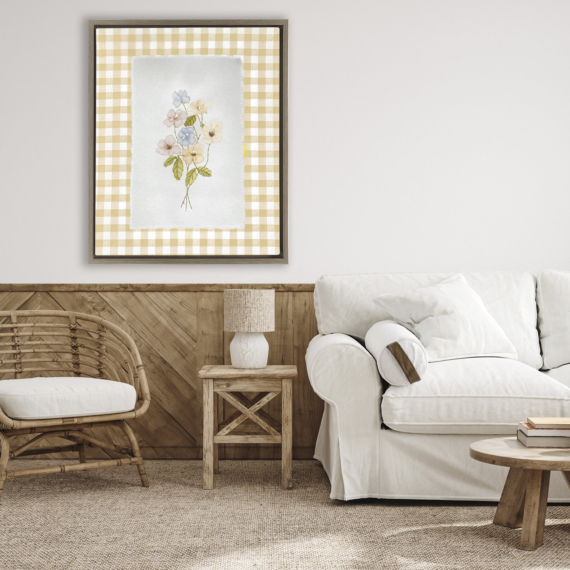 Stupell Industries Soft Gingham Flowers Brown Framed Floater Canvas Wall Art, design by Arlington Prints