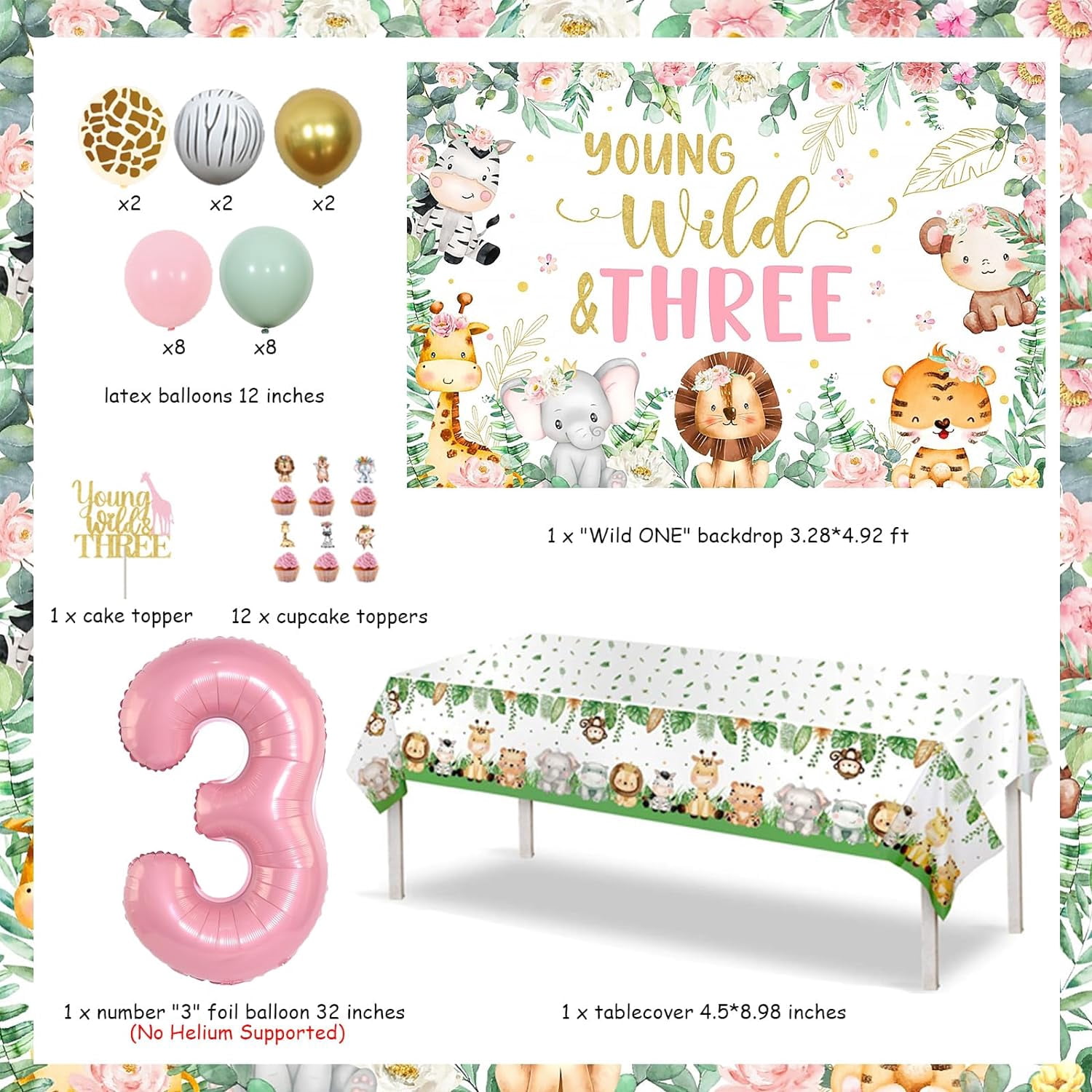 Safari 3. Geburtstag Dekoration Set – Salbeigrün & Braun, Mit Banner, Ballons & Dschungel-Motiven