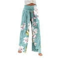 thumbnail image 4 of Plus Size Wide Leg Pants for Women Smocked High Waist Lounge Trousers with Pockets Floral Printed Linen Loose Ankle Length Pant, 4 of 6