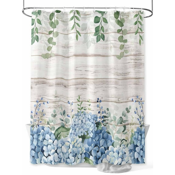 Shower Curtain Blue Hydrangea Bathroom Curtains with Hooks, Waterproof Fabric Green Eucalyptus Leaves Wood Grain Bath Shower Curtains Set for Bathroom Bathtubs Decor 36x72 Inch