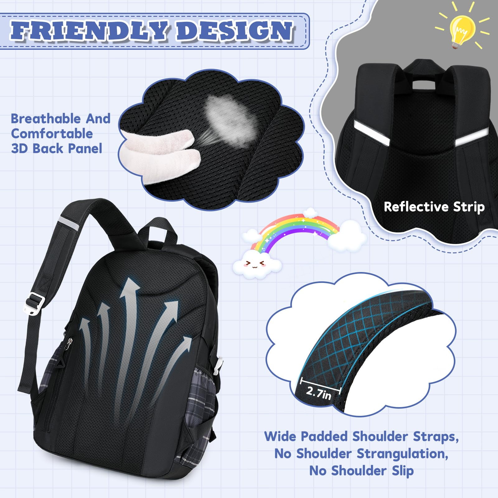 Soda Candy Girls Backpack Ideal Elementary Middle School Backpacks for Kids Cute Kawaii Large Capacity Bookbag with Reflective Strip, Black